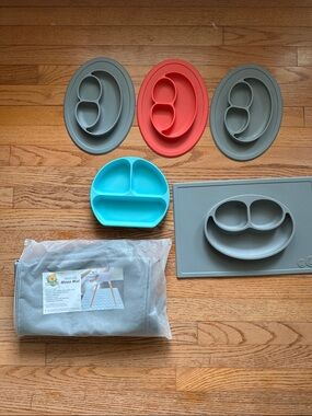 Silicone Suction Divided Plates - Gray, Coral & Teal - Kids Mealtime Set